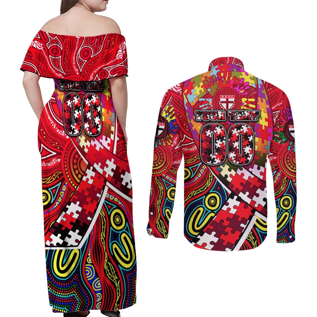 Autism Awareness Australia St Kilda Saints Couples Matching Off Shoulder Maxi Dress and Long Sleeve Button Shirt Aboriginal Indigenous Art