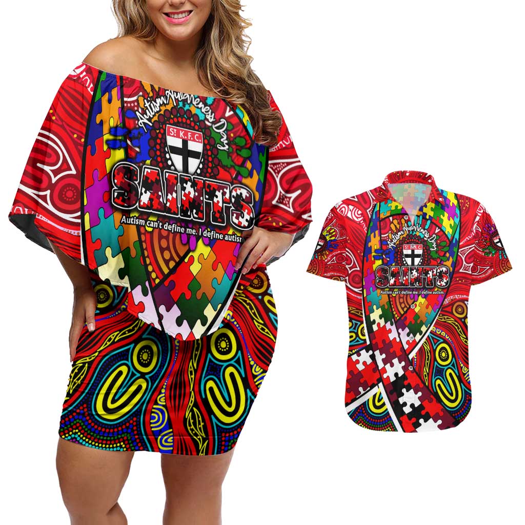 Autism Awareness Australia St Kilda Saints Couples Matching Off Shoulder Short Dress and Hawaiian Shirt Aboriginal Indigenous Art