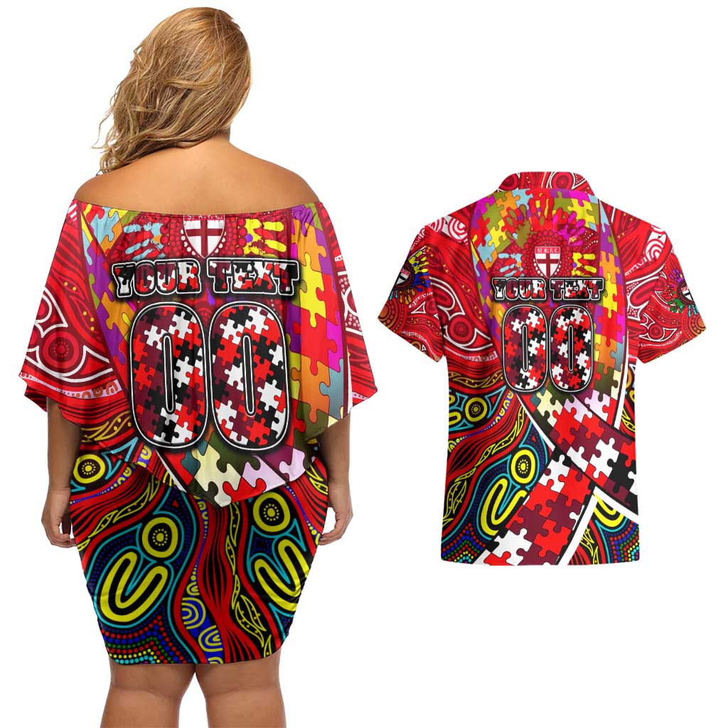 Autism Awareness Australia St Kilda Saints Couples Matching Off Shoulder Short Dress and Hawaiian Shirt Aboriginal Indigenous Art
