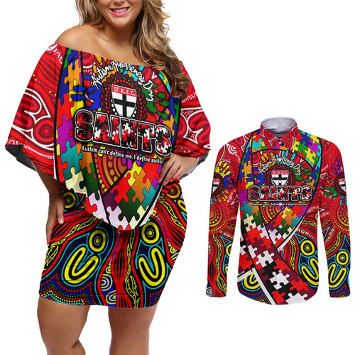 Autism Awareness Australia St Kilda Saints Couples Matching Off Shoulder Short Dress and Long Sleeve Button Shirt Aboriginal Indigenous Art