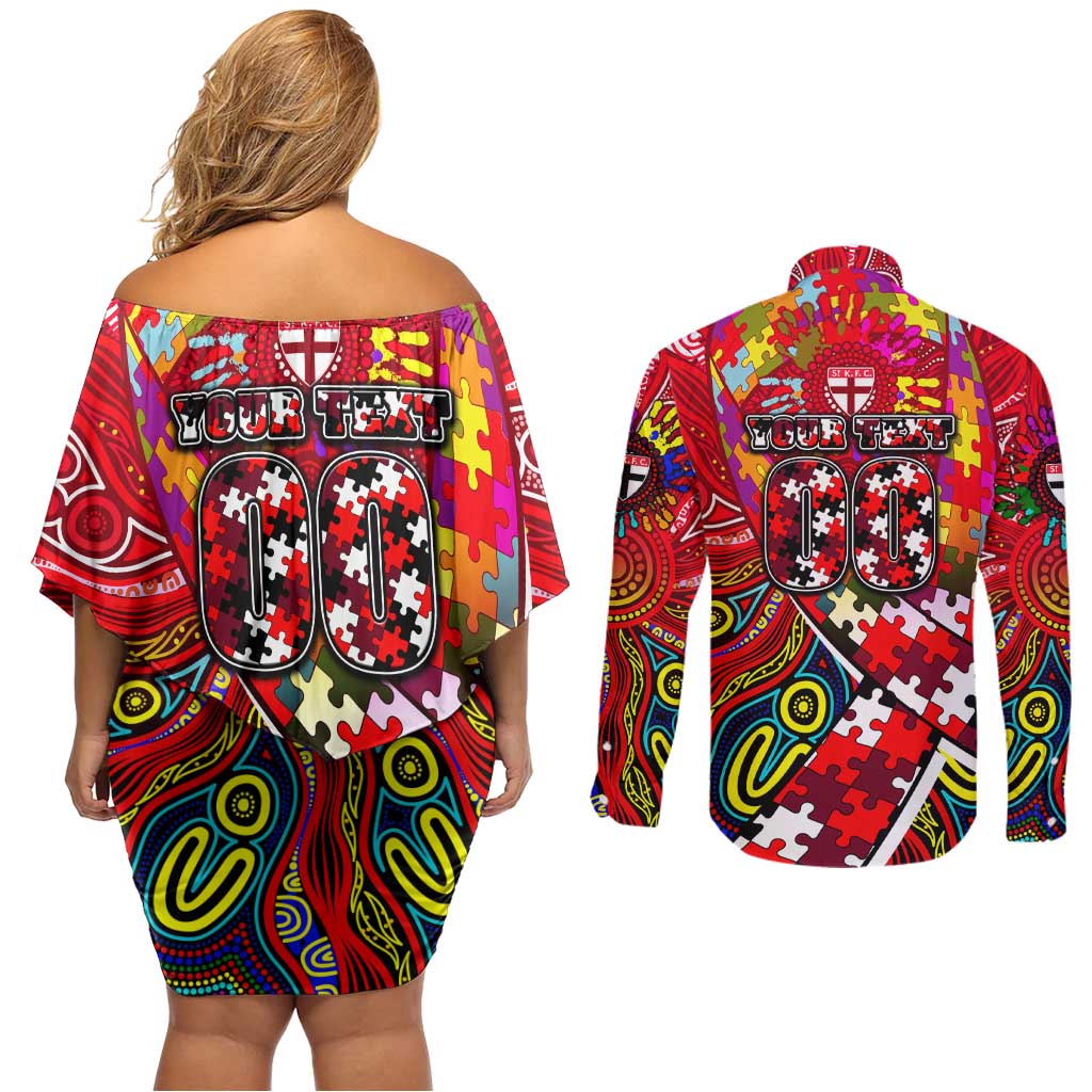 Autism Awareness Australia St Kilda Saints Couples Matching Off Shoulder Short Dress and Long Sleeve Button Shirt Aboriginal Indigenous Art