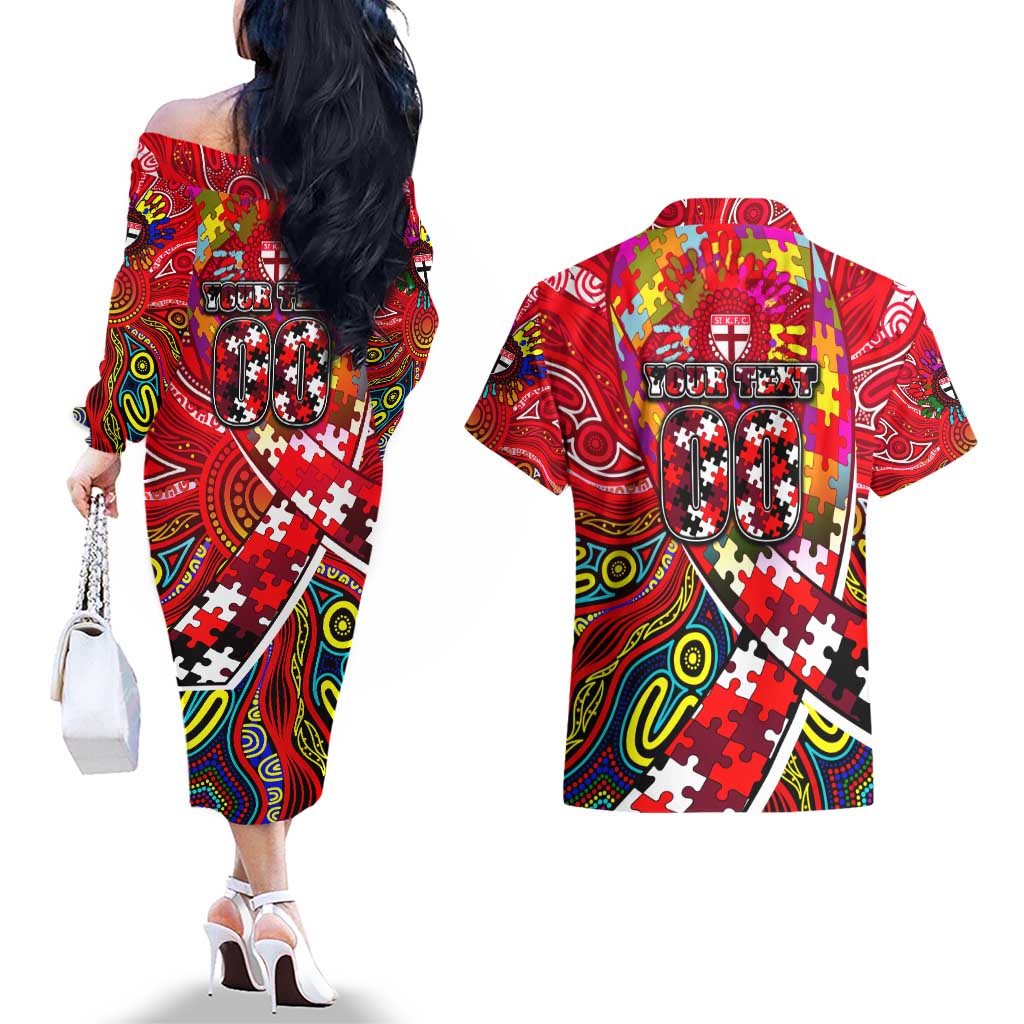 Autism Awareness Australia St Kilda Saints Couples Matching Off The Shoulder Long Sleeve Dress and Hawaiian Shirt Aboriginal Indigenous Art