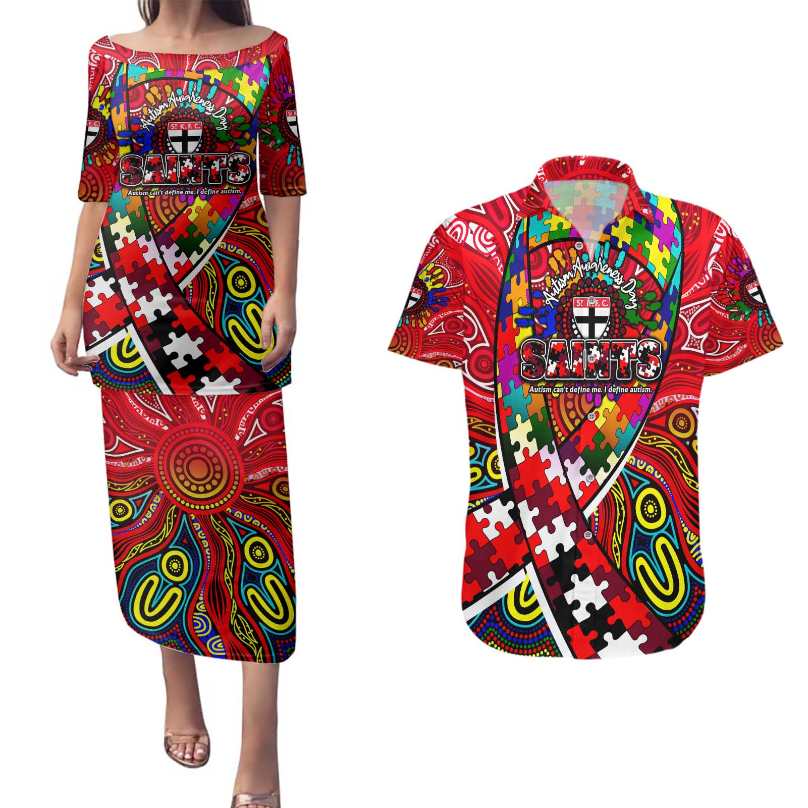 Autism Awareness Australia St Kilda Saints Couples Matching Puletasi and Hawaiian Shirt Aboriginal Indigenous Art
