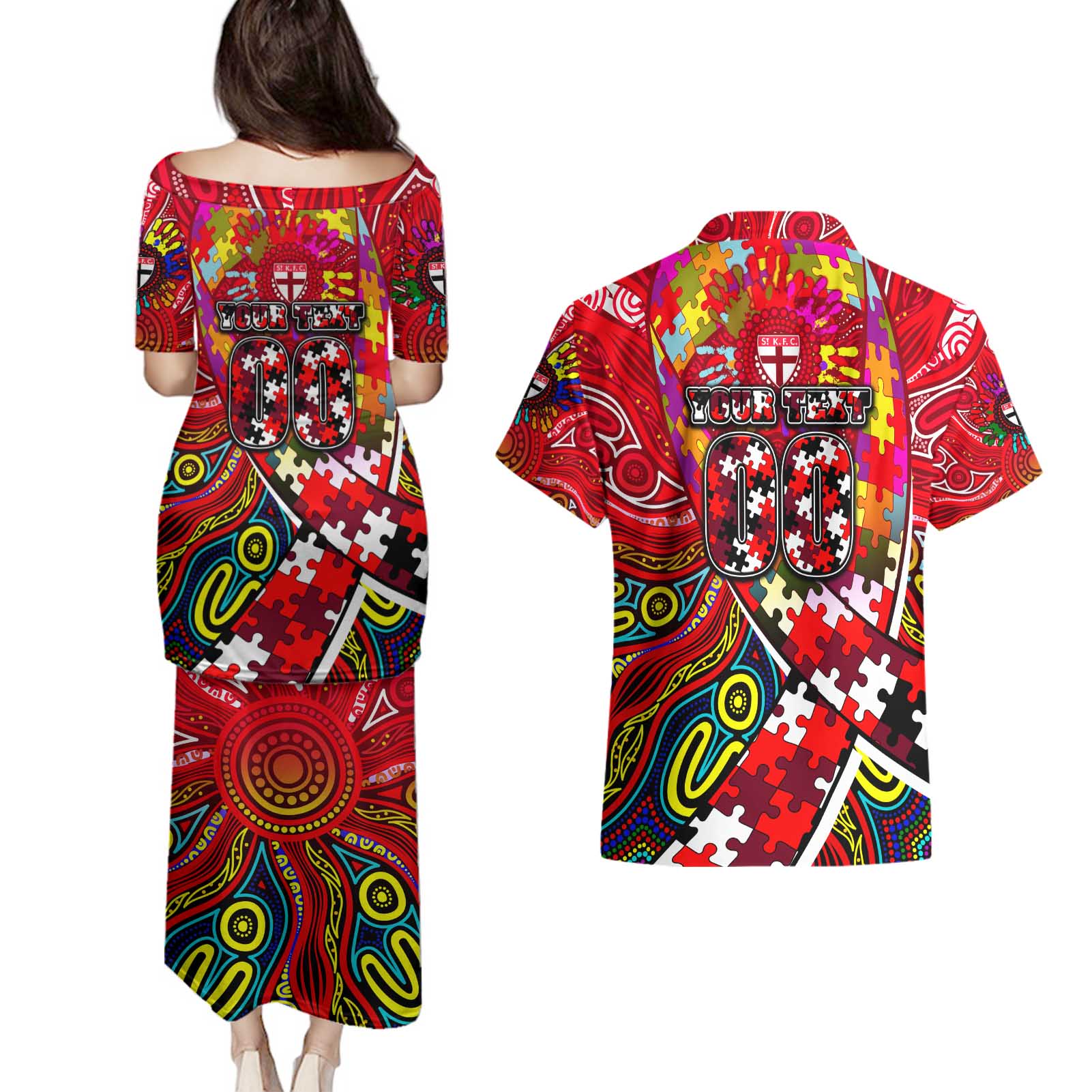 Autism Awareness Australia St Kilda Saints Couples Matching Puletasi and Hawaiian Shirt Aboriginal Indigenous Art