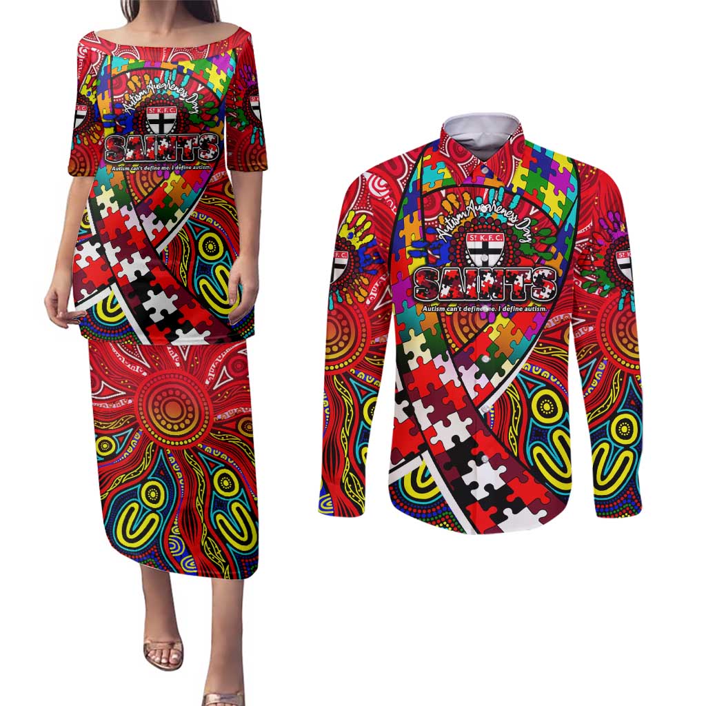 Autism Awareness Australia St Kilda Saints Couples Matching Puletasi and Long Sleeve Button Shirt Aboriginal Indigenous Art