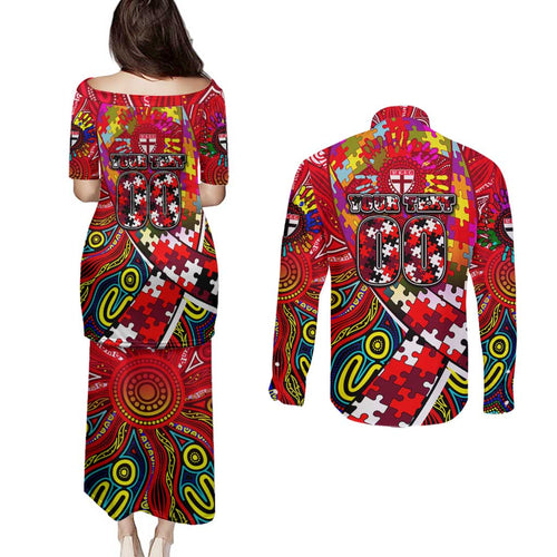 Autism Awareness Australia St Kilda Saints Couples Matching Puletasi and Long Sleeve Button Shirt Aboriginal Indigenous Art