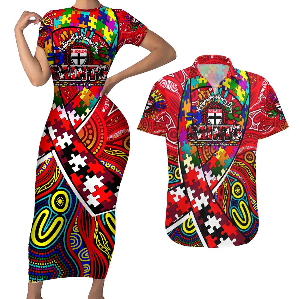 Autism Awareness Australia St Kilda Saints Couples Matching Short Sleeve Bodycon Dress and Hawaiian Shirt Aboriginal Indigenous Art