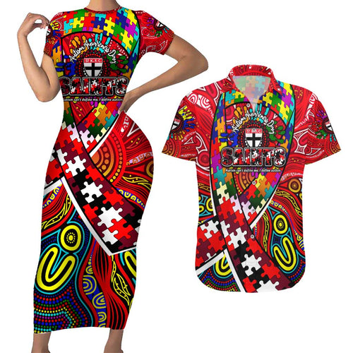 Autism Awareness Australia St Kilda Saints Couples Matching Short Sleeve Bodycon Dress and Hawaiian Shirt Aboriginal Indigenous Art