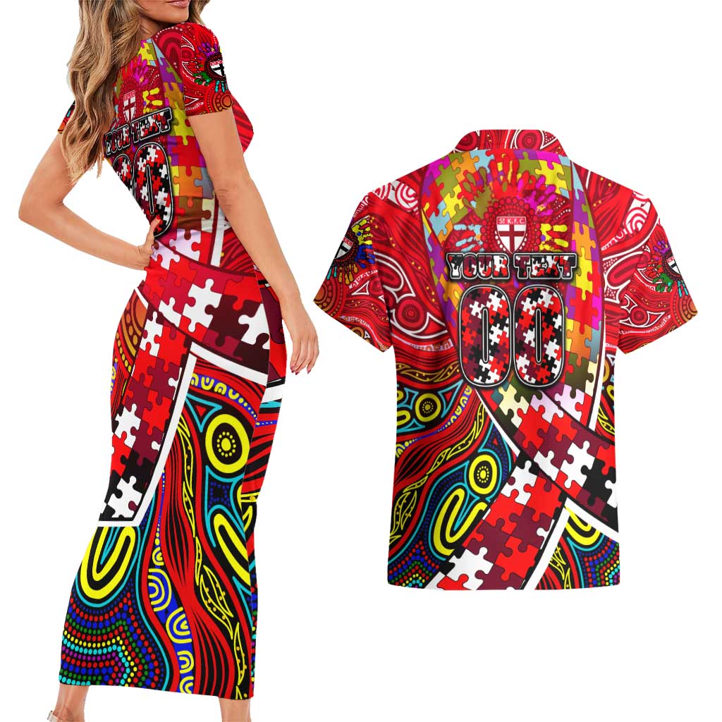 Autism Awareness Australia St Kilda Saints Couples Matching Short Sleeve Bodycon Dress and Hawaiian Shirt Aboriginal Indigenous Art