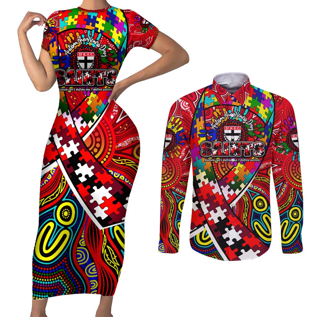 Autism Awareness Australia St Kilda Saints Couples Matching Short Sleeve Bodycon Dress and Long Sleeve Button Shirt Aboriginal Indigenous Art