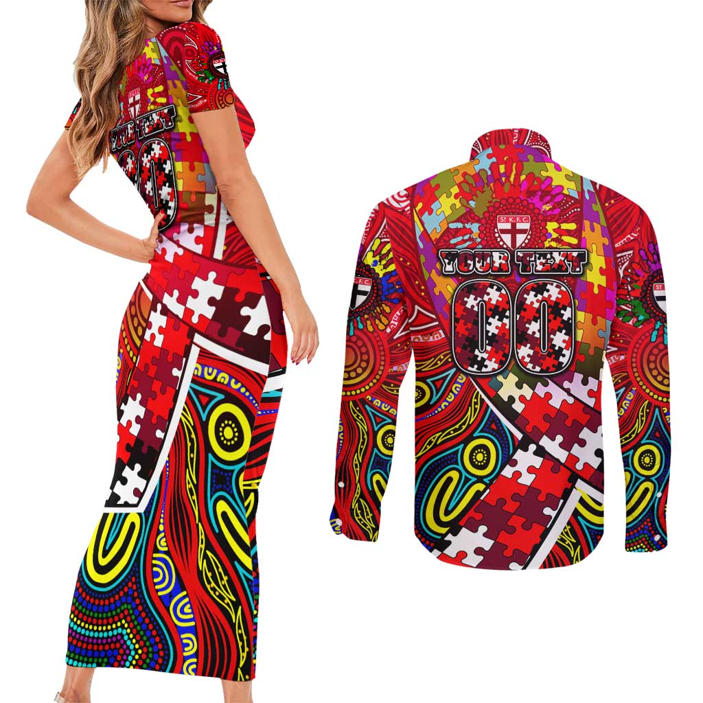Autism Awareness Australia St Kilda Saints Couples Matching Short Sleeve Bodycon Dress and Long Sleeve Button Shirt Aboriginal Indigenous Art