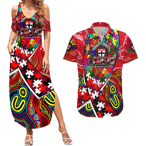 Autism Awareness Australia St Kilda Saints Couples Matching Summer Maxi Dress and Hawaiian Shirt Aboriginal Indigenous Art