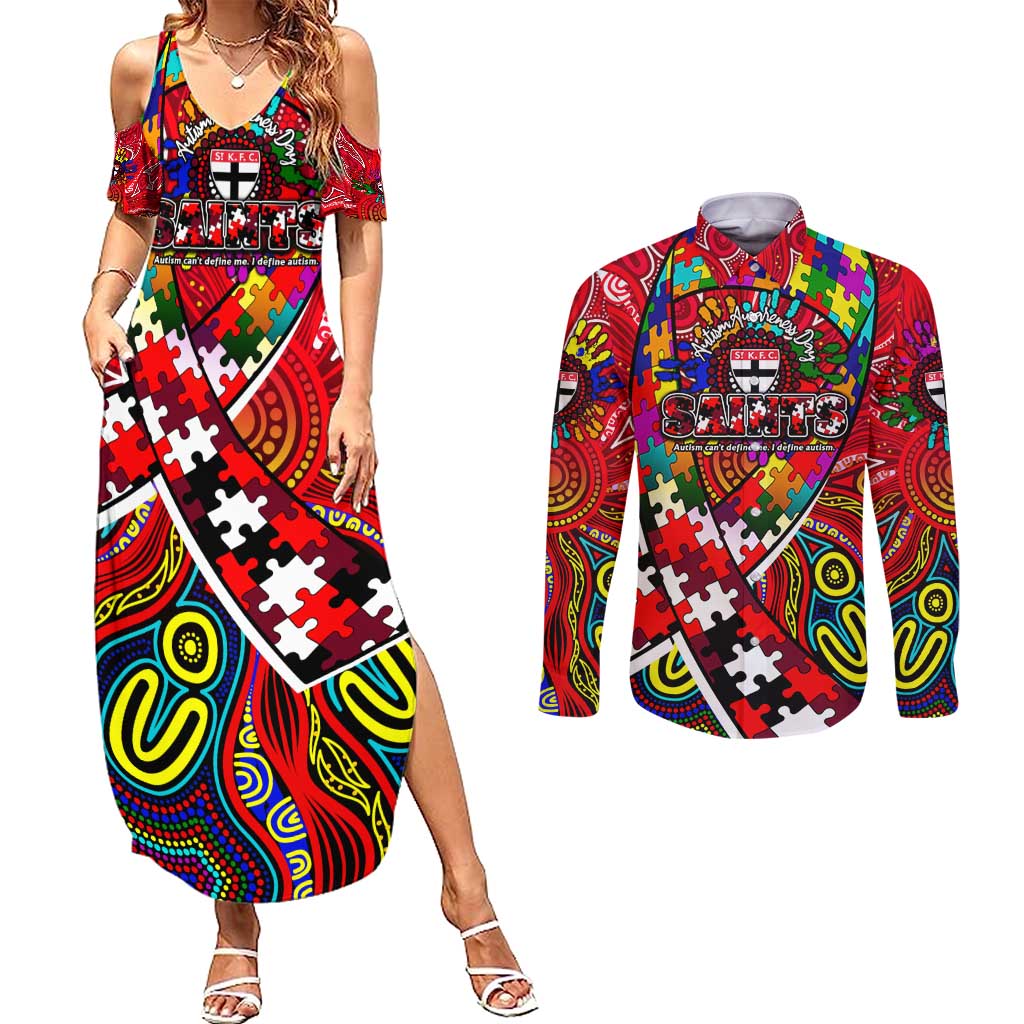 Autism Awareness Australia St Kilda Saints Couples Matching Summer Maxi Dress and Long Sleeve Button Shirt Aboriginal Indigenous Art