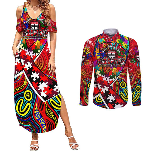 Autism Awareness Australia St Kilda Saints Couples Matching Summer Maxi Dress and Long Sleeve Button Shirt Aboriginal Indigenous Art