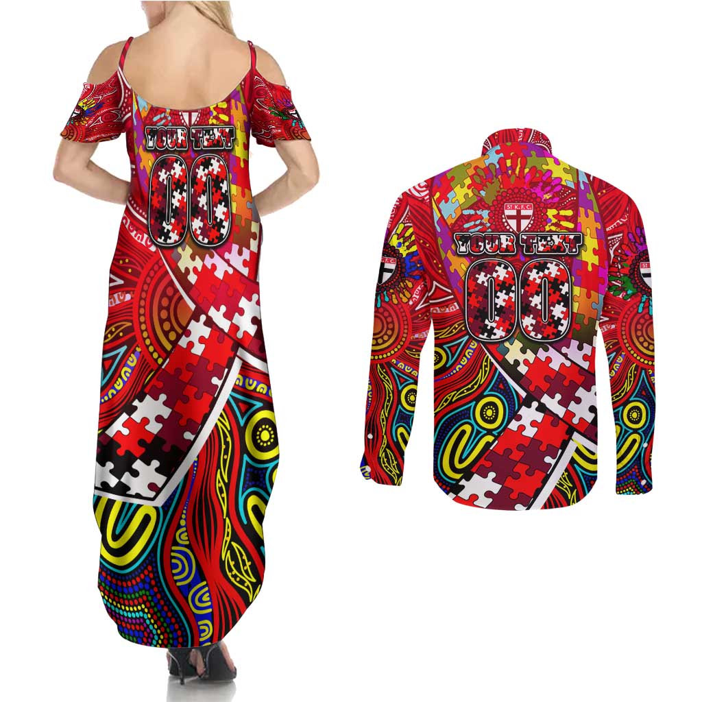 Autism Awareness Australia St Kilda Saints Couples Matching Summer Maxi Dress and Long Sleeve Button Shirt Aboriginal Indigenous Art