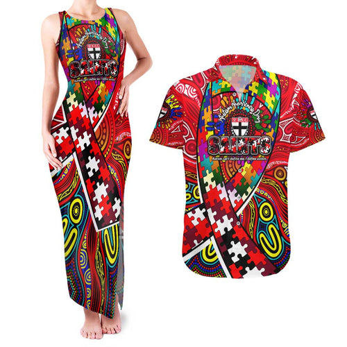 Autism Awareness Australia St Kilda Saints Couples Matching Tank Maxi Dress and Hawaiian Shirt Aboriginal Indigenous Art