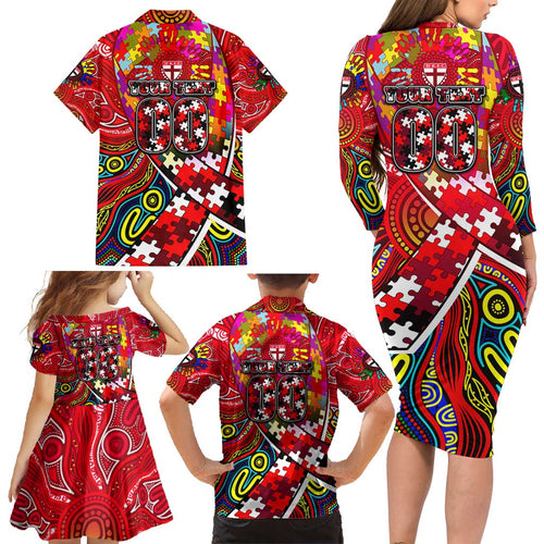 Autism Awareness Australia St Kilda Saints Family Matching Long Sleeve Bodycon Dress and Hawaiian Shirt Aboriginal Indigenous Art