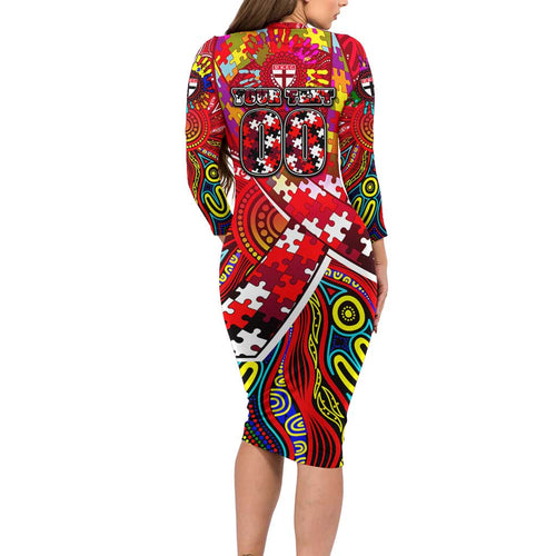 Autism Awareness Australia St Kilda Saints Family Matching Long Sleeve Bodycon Dress and Hawaiian Shirt Aboriginal Indigenous Art