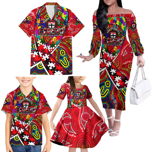Autism Awareness Australia St Kilda Saints Family Matching Off The Shoulder Long Sleeve Dress and Hawaiian Shirt Aboriginal Indigenous Art