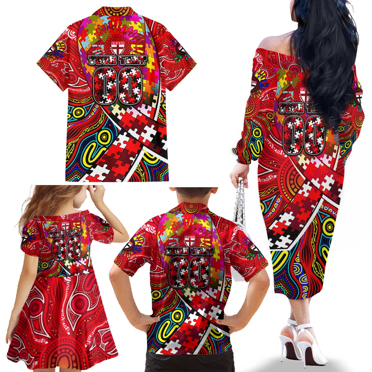 Autism Awareness Australia St Kilda Saints Family Matching Off The Shoulder Long Sleeve Dress and Hawaiian Shirt Aboriginal Indigenous Art