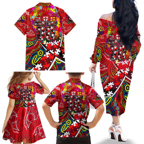 Autism Awareness Australia St Kilda Saints Family Matching Off The Shoulder Long Sleeve Dress and Hawaiian Shirt Aboriginal Indigenous Art