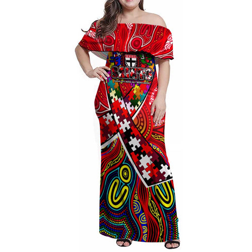 Autism Awareness Australia St Kilda Saints Family Matching Off Shoulder Maxi Dress and Hawaiian Shirt Aboriginal Indigenous Art