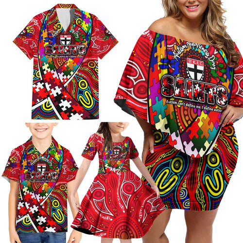 Autism Awareness Australia St Kilda Saints Family Matching Off Shoulder Short Dress and Hawaiian Shirt Aboriginal Indigenous Art
