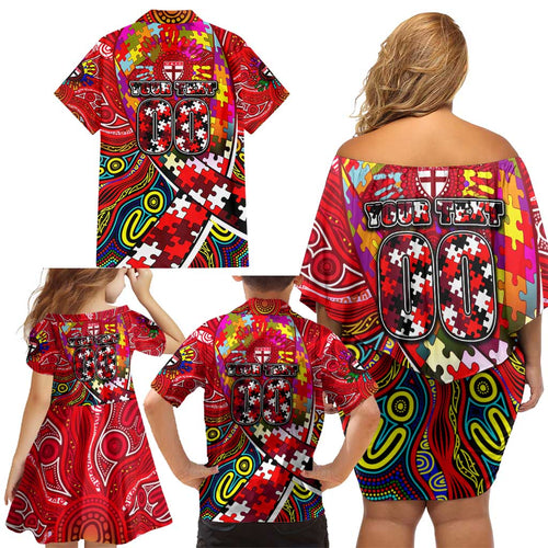 Autism Awareness Australia St Kilda Saints Family Matching Off Shoulder Short Dress and Hawaiian Shirt Aboriginal Indigenous Art