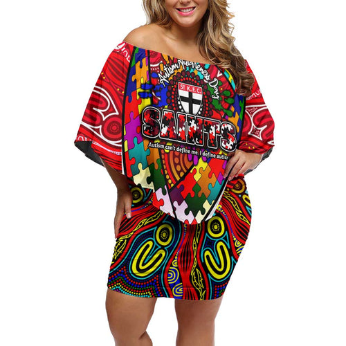 Autism Awareness Australia St Kilda Saints Family Matching Off Shoulder Short Dress and Hawaiian Shirt Aboriginal Indigenous Art