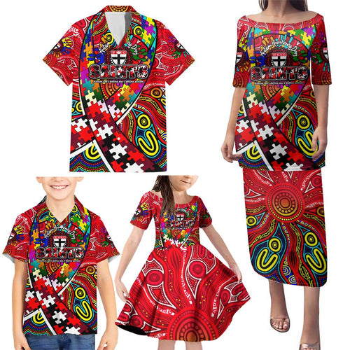 Autism Awareness Australia St Kilda Saints Family Matching Puletasi and Hawaiian Shirt Aboriginal Indigenous Art