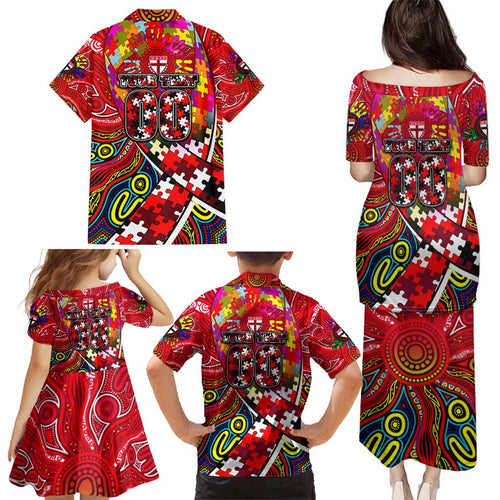 Autism Awareness Australia St Kilda Saints Family Matching Puletasi and Hawaiian Shirt Aboriginal Indigenous Art