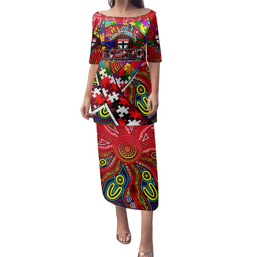 Autism Awareness Australia St Kilda Saints Family Matching Puletasi and Hawaiian Shirt Aboriginal Indigenous Art