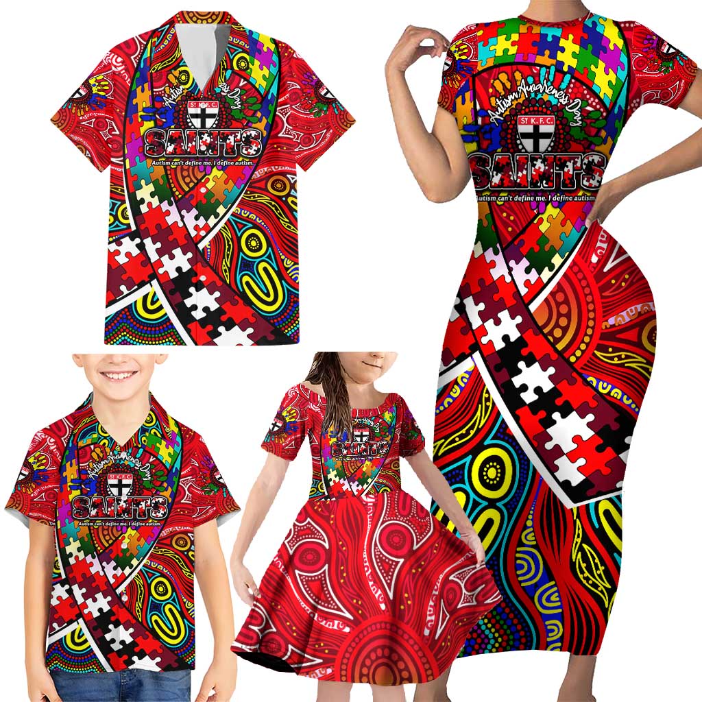 Autism Awareness Australia St Kilda Saints Family Matching Short Sleeve Bodycon Dress and Hawaiian Shirt Aboriginal Indigenous Art