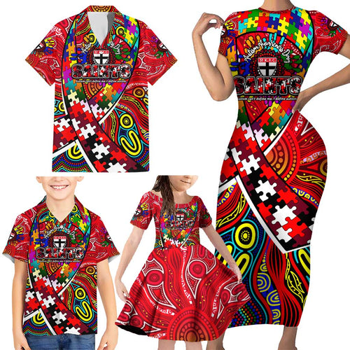 Autism Awareness Australia St Kilda Saints Family Matching Short Sleeve Bodycon Dress and Hawaiian Shirt Aboriginal Indigenous Art