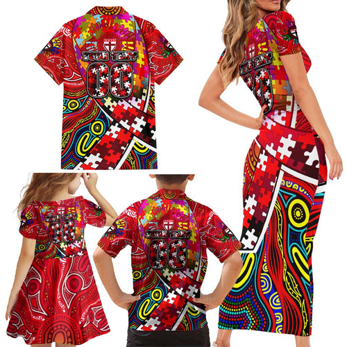 Autism Awareness Australia St Kilda Saints Family Matching Short Sleeve Bodycon Dress and Hawaiian Shirt Aboriginal Indigenous Art