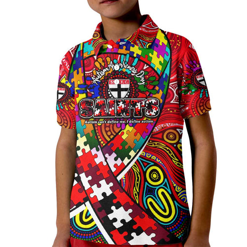 Autism Awareness Australia St Kilda Saints Kid Polo Shirt Aboriginal Indigenous Art