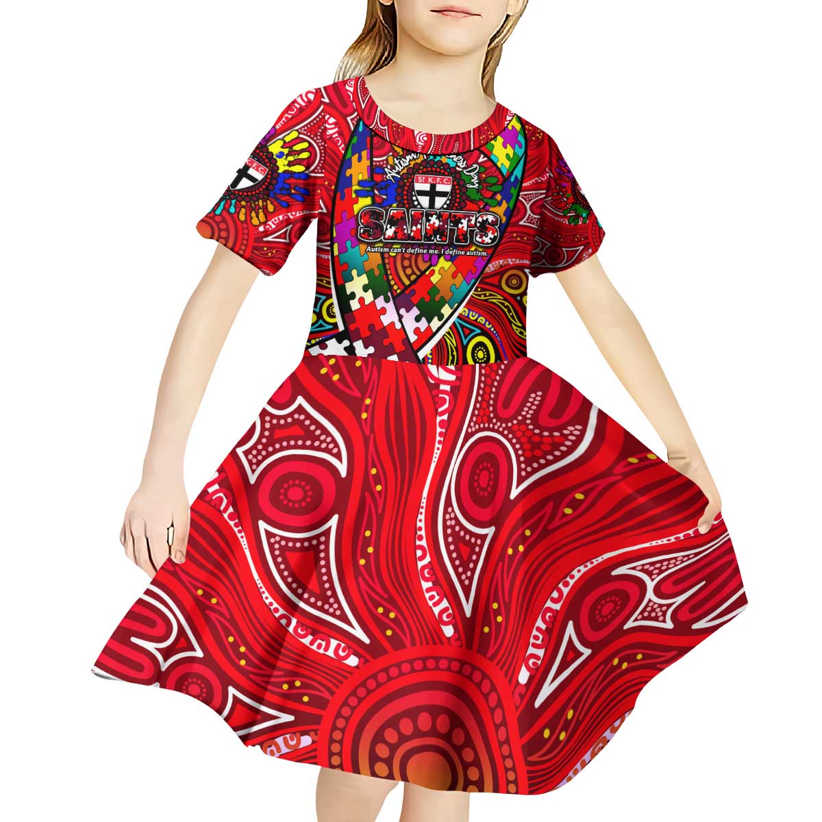Autism Awareness Australia St Kilda Saints Kid Short Sleeve Dress Aboriginal Indigenous Art