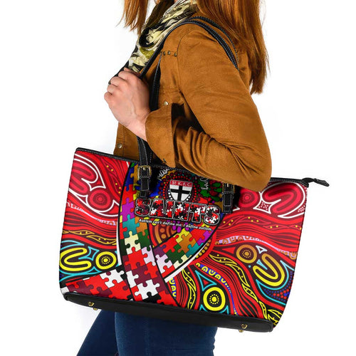 Autism Awareness Australia St Kilda Saints Leather Tote Bag Aboriginal Indigenous Art