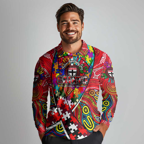 Autism Awareness Australia St Kilda Saints Long Sleeve Polo Shirt Aboriginal Indigenous Art