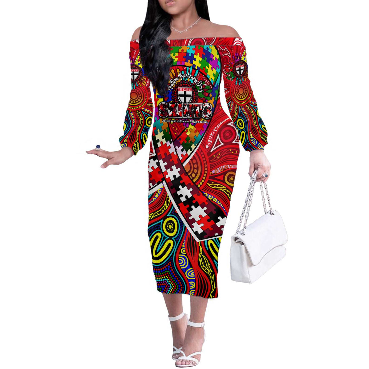 Autism Awareness Australia St Kilda Saints Off The Shoulder Long Sleeve Dress Aboriginal Indigenous Art
