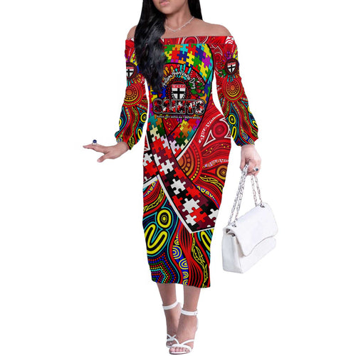 Autism Awareness Australia St Kilda Saints Off The Shoulder Long Sleeve Dress Aboriginal Indigenous Art
