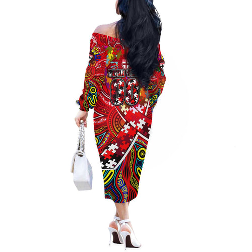 Autism Awareness Australia St Kilda Saints Off The Shoulder Long Sleeve Dress Aboriginal Indigenous Art