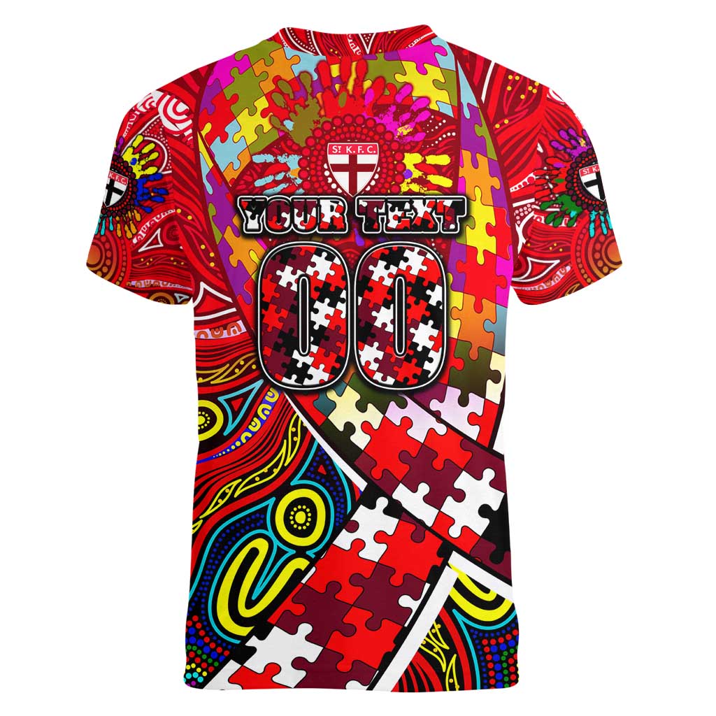 Autism Awareness Australia St Kilda Saints Women V-Neck T-Shirt Aboriginal Indigenous Art