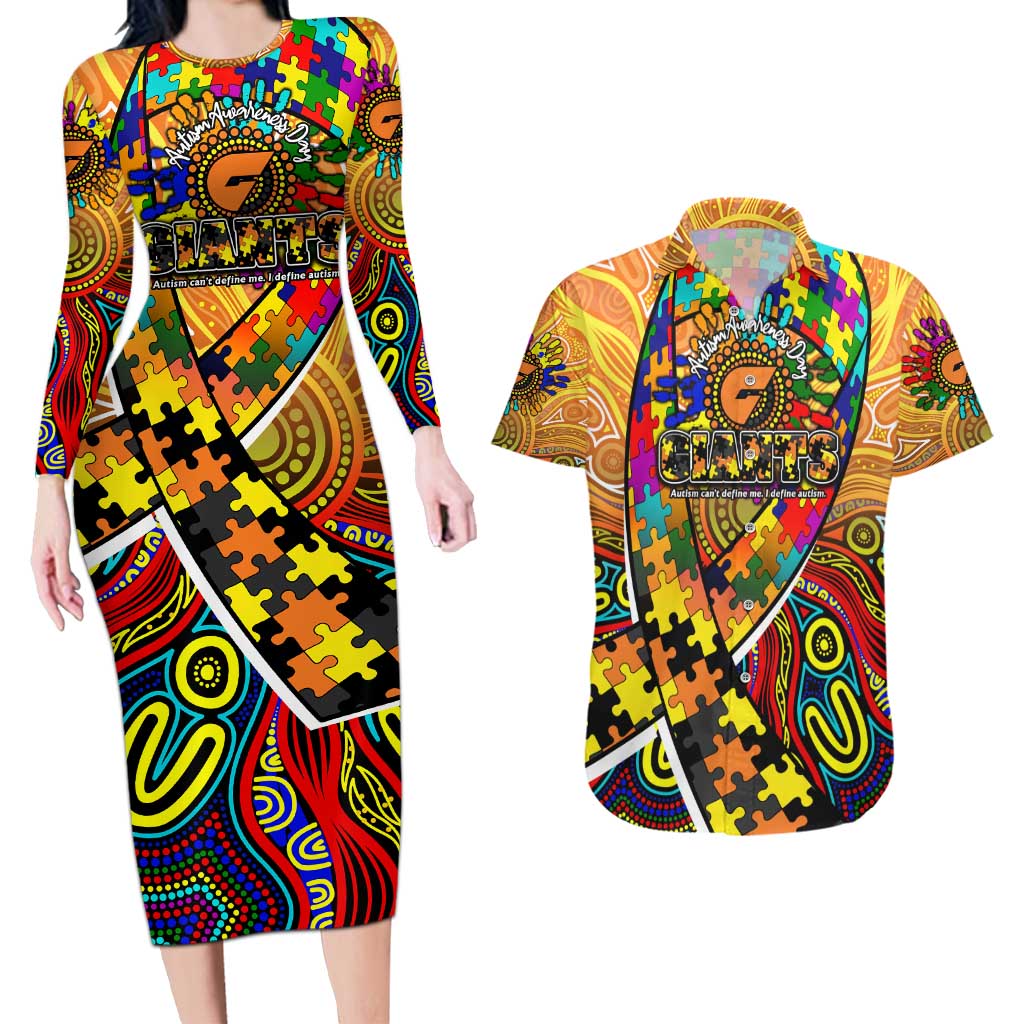 Autism Awareness Australia GWS Giants Couples Matching Long Sleeve Bodycon Dress and Hawaiian Shirt Aboriginal Indigenous Art