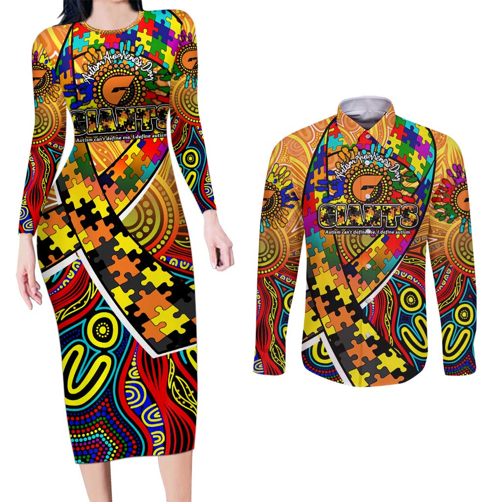 Autism Awareness Australia GWS Giants Couples Matching Long Sleeve Bodycon Dress and Long Sleeve Button Shirt Aboriginal Indigenous Art