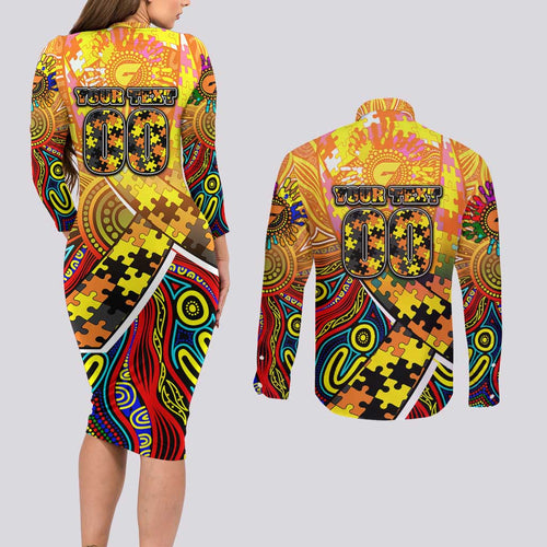 Autism Awareness Australia GWS Giants Couples Matching Long Sleeve Bodycon Dress and Long Sleeve Button Shirt Aboriginal Indigenous Art