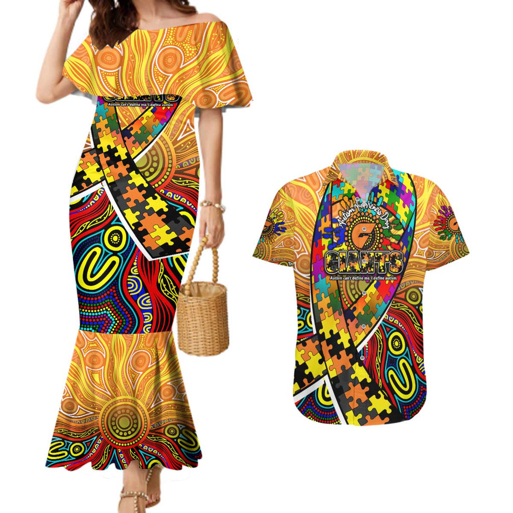 Autism Awareness Australia GWS Giants Couples Matching Mermaid Dress and Hawaiian Shirt Aboriginal Indigenous Art