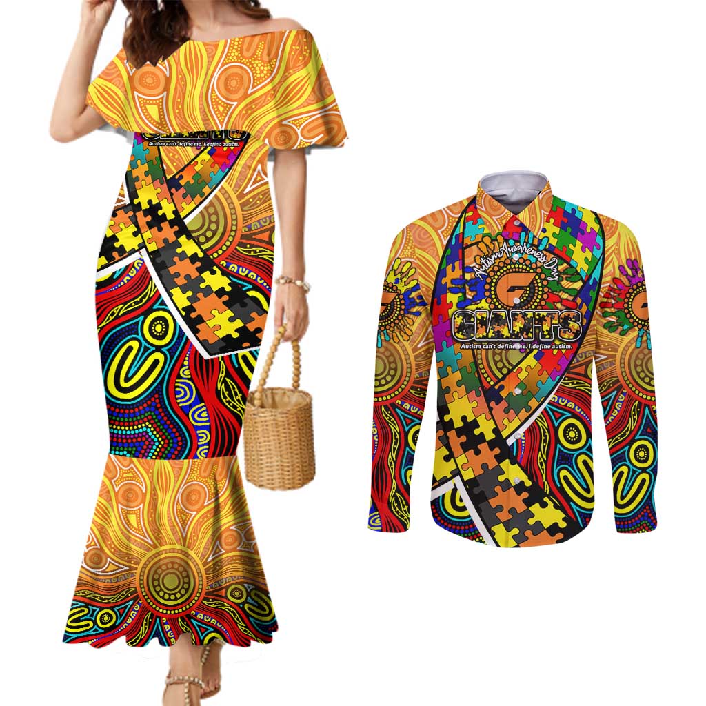 Autism Awareness Australia GWS Giants Couples Matching Mermaid Dress and Long Sleeve Button Shirt Aboriginal Indigenous Art