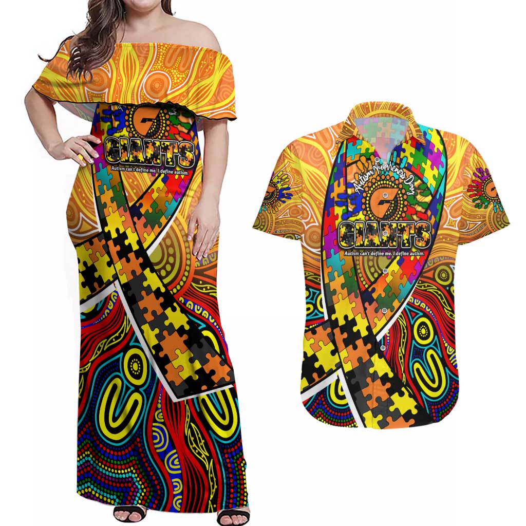 Autism Awareness Australia GWS Giants Couples Matching Off Shoulder Maxi Dress and Hawaiian Shirt Aboriginal Indigenous Art