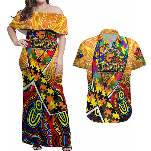 Autism Awareness Australia GWS Giants Couples Matching Off Shoulder Maxi Dress and Hawaiian Shirt Aboriginal Indigenous Art